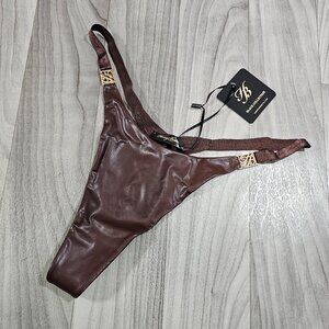 Honey Birdette Emily Deep Mahogany Brown Faux Leather Thong Panty Size M